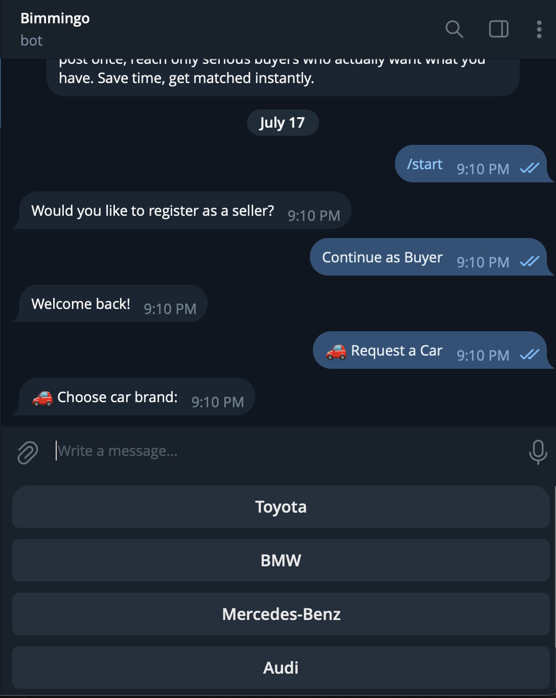 Bimmingo Telegram bot: choosing a car brand — Toyota, BMW, Mercedes, Audi — for a buyer request
