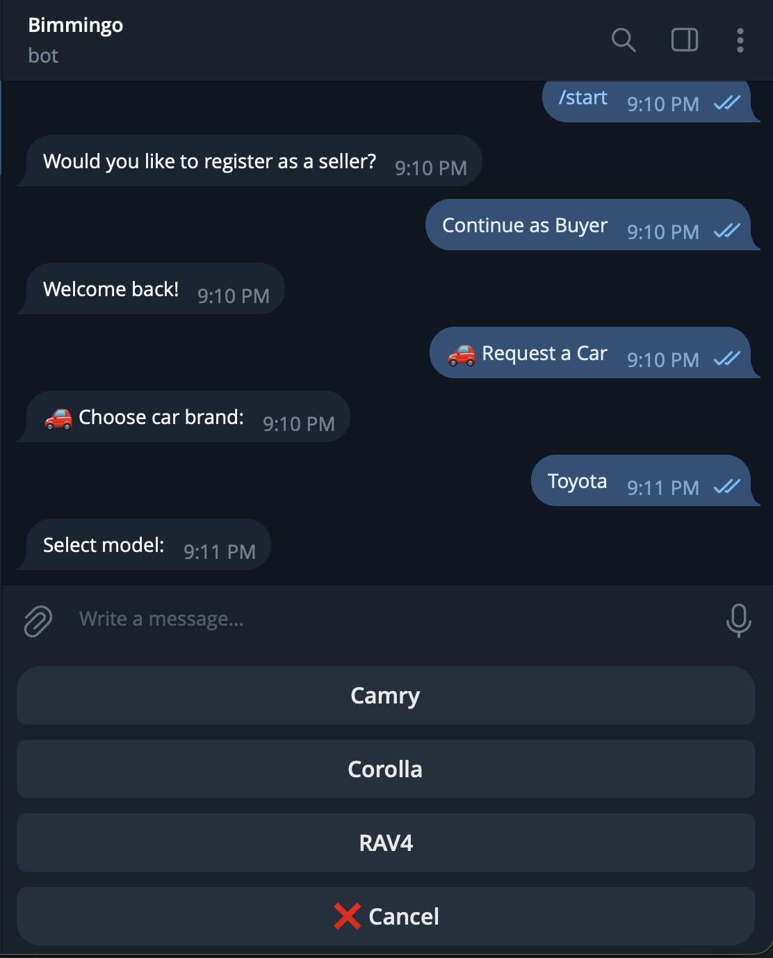 Bimmingo Telegram bot: choosing a Toyota model — Camry, Corolla, RAV4 — for a car buy request