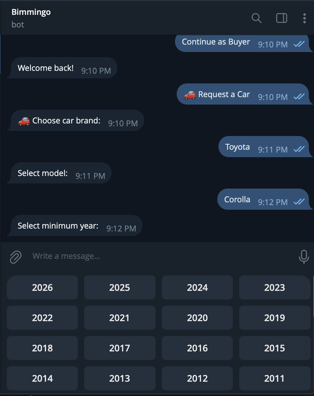 Bimmingo Telegram bot: choosing the minimum production year for a used car buy request
